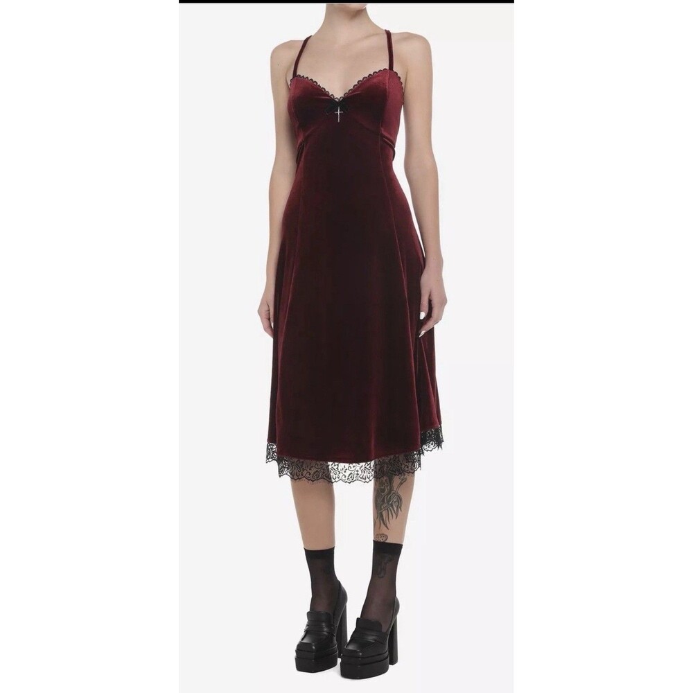 Cosmic Aura Hot Topic Goth Burgundy Velvet Black Lace Trim Slip Dress Size XL
